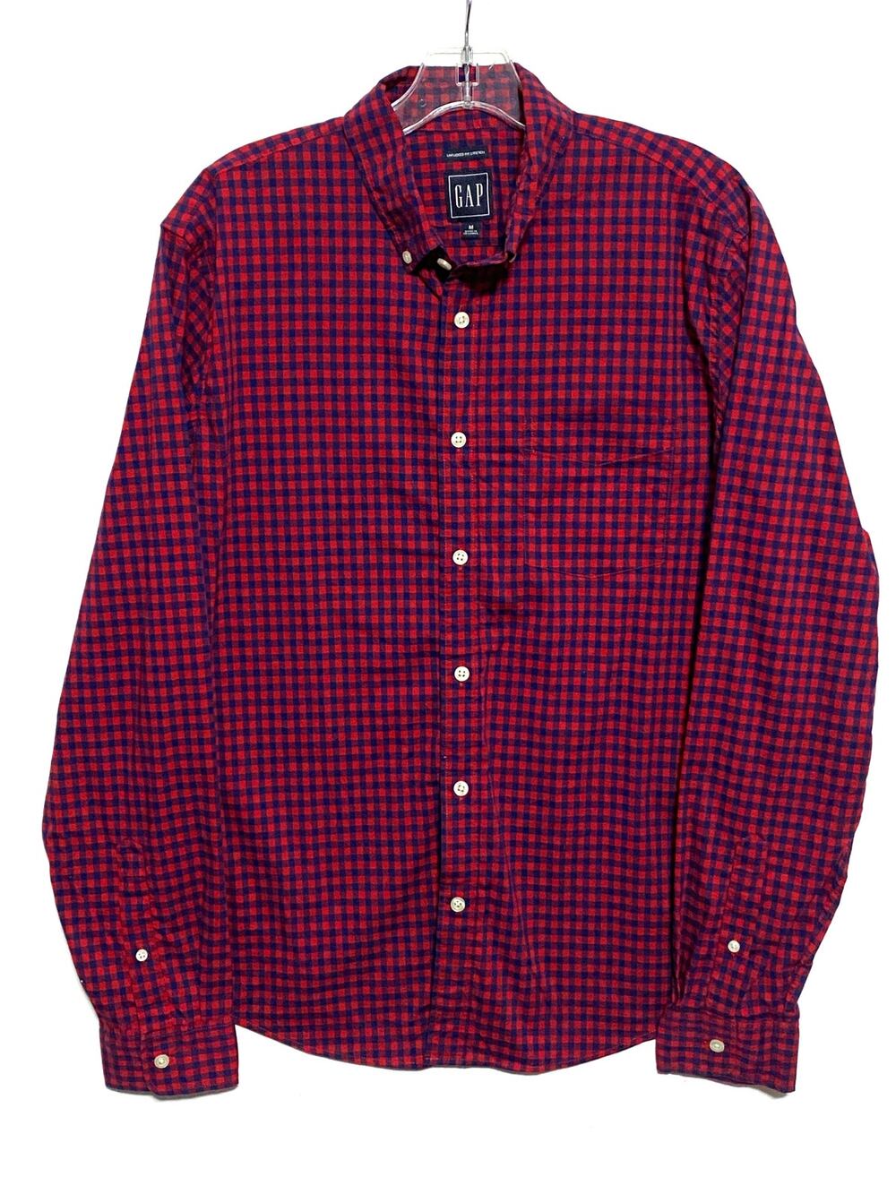 Gap Red Blue Gingham Untucked Fit Stretch Button Shirt Mens M Preppy Classic Y2K
